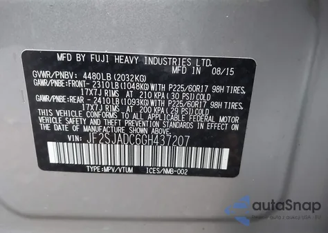 2016 Subaru Forester 2.5I Premium z USA, uszkodzony, nr VIN JF2SJADC6GH437207